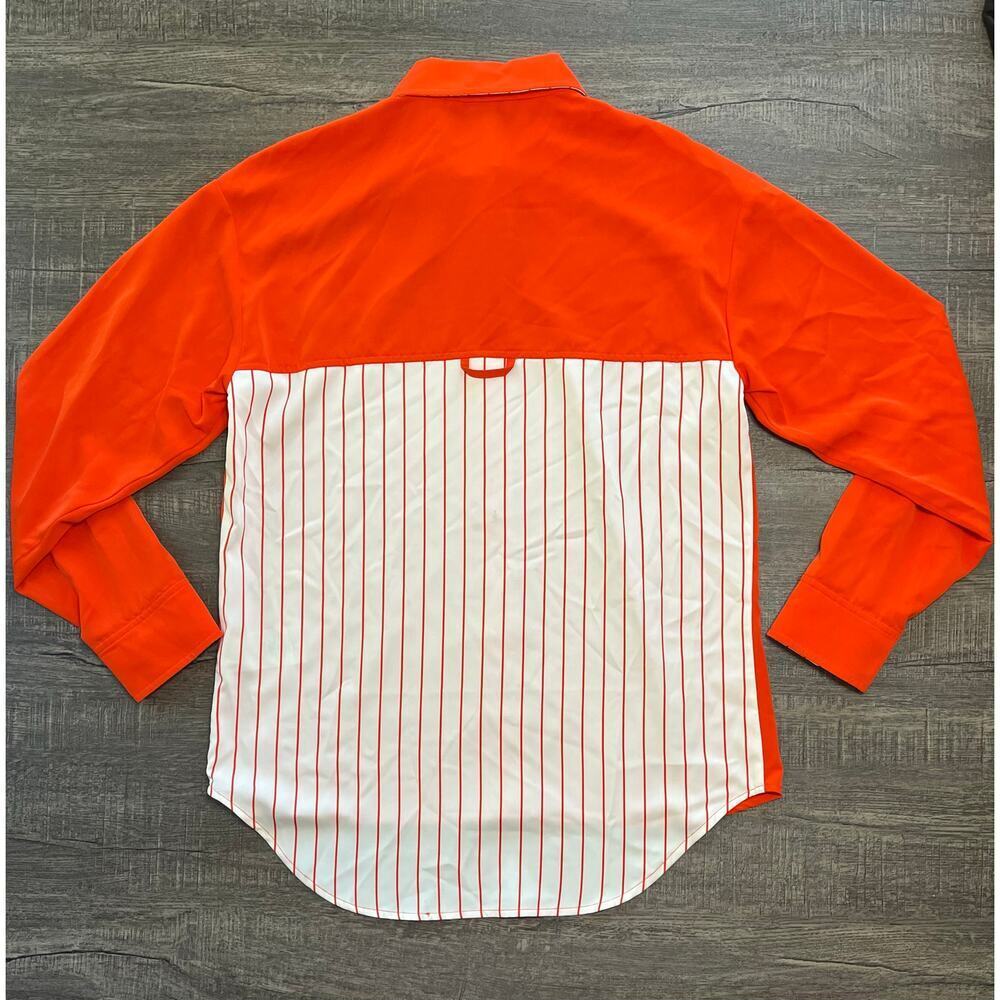 Peace Love World Women's Relaxed Woven Button Up Shirt, Orange, Size XXS - Picture 4 of 11